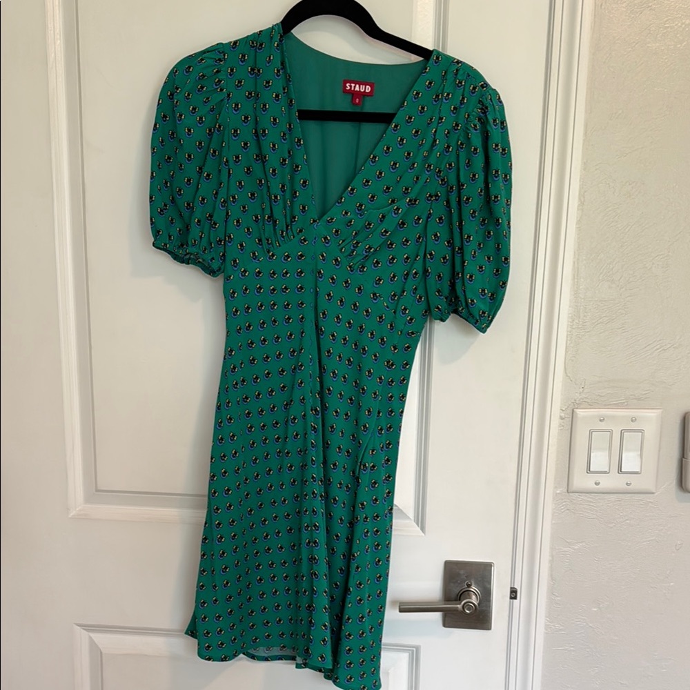 STAUD Green Puff Sleeve V-Neck Mini Sundress